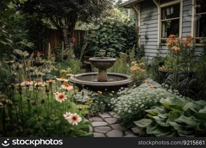 backyard with birdbath, flora and fauna visible, created with generative ai. backyard with birdbath, flora and fauna visible