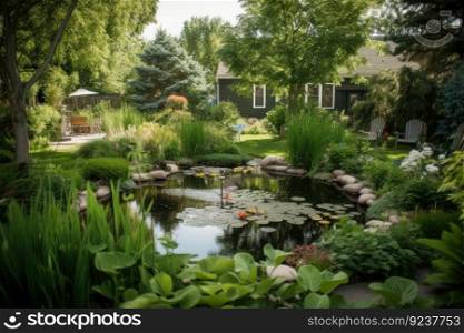 backyard with pond surrounded by greenery and wildlife, created with generative ai. backyard with pond surrounded by greenery and wildlife