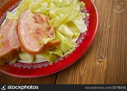 Bacon and cabbage - dish traditionally associated with Ireland. back bacon boiled with cabbage and potatoes.
