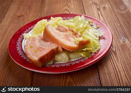 Bacon and cabbage - dish traditionally associated with Ireland. back bacon boiled with cabbage and potatoes.