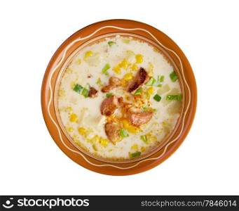 Bacon Chili Corn Chowder a type of thick cream-based soup or chowder similar to New England clam chowder, with corn substituted for clams ,isolated
