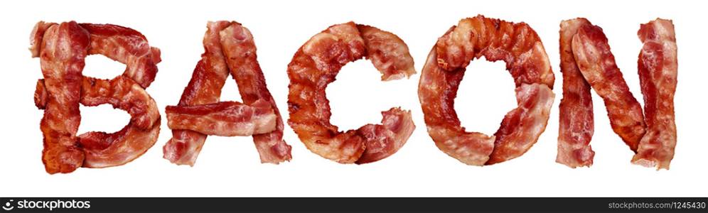 Bacon food text as a cooked thin slice of cured meat shaped as letters isolated on a white background.