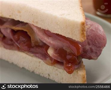 Bacon Sandwich on White Bread with Tomato Ketchup
