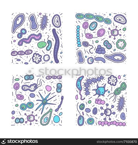Bacteria cells square banners. Microorganism collection. Vector doodle style composition.