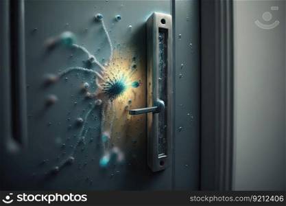 bacteria growing on the door handle of a room in a hospital, with droplets and streaks of moisture from hand washing visible, created with generative ai. bacteria growing on the door handle of a room in a hospital, with droplets and streaks of moisture from hand washing visible