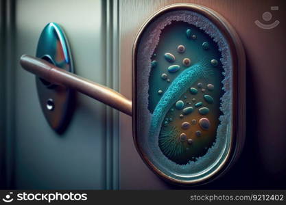 bacteria on the door handle, up close and personal, with magnifying glass in view, created with generative ai. bacteria on the door handle, up close and personal, with magnifying glass in view