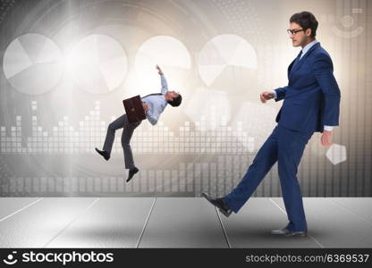 Bad angry boss kicking employee in business concept