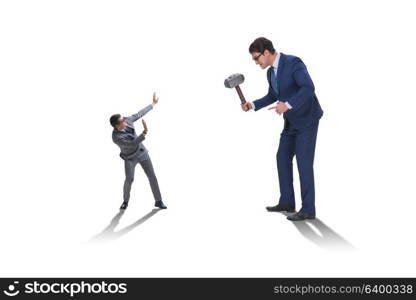 Bad angry boss threatening employee with hammer