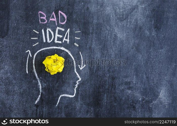 bad idea text head with crumpled yellow paper head drawn chalkboard