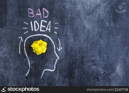 bad idea text head with crumpled yellow paper head drawn chalkboard