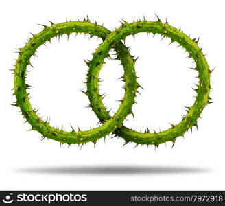 Bad partnership and difficult marriage with two chain links made of a plant with thorns and needles as a social and business relationship metaphor for team challenges and network conflict problems on a white background.