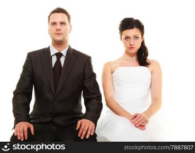 Bad relationship concept. Married couple problem, indifference, depression and discord. Man woman in disagreement isolated on white.