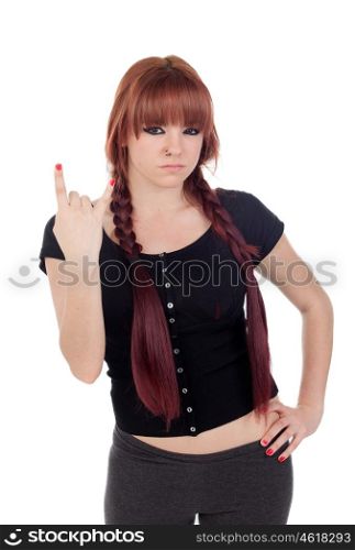 Bad teenage girl dressed in black with a piercing isolated on white background