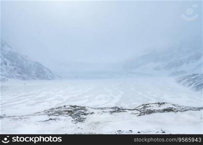 Bad weather in Athabasca Glacier with mist