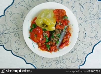 Badimcan, biber, pomidor dolmasi - Stuffed aubergines, peppers and tomatoes.popular dolma across Azerbaijan.