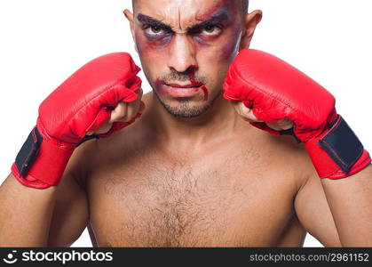 Badly beaten boxer isolated on white