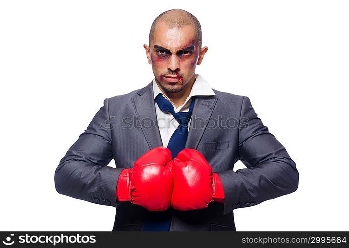 Badly beaten businessman with boxing gloves