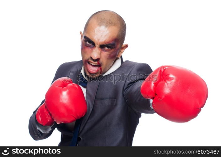 Badly beaten businessman with boxing gloves