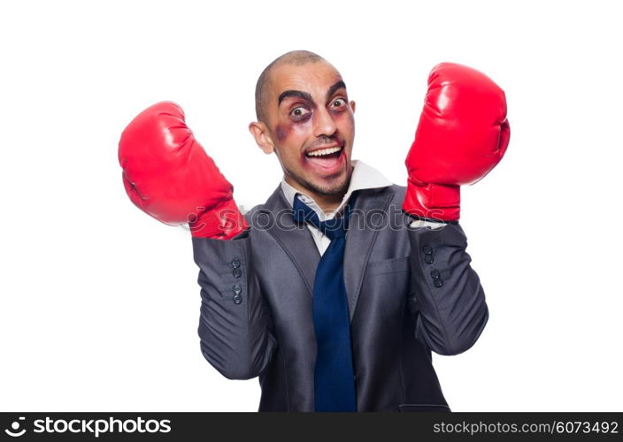 Badly beaten businessman with boxing gloves