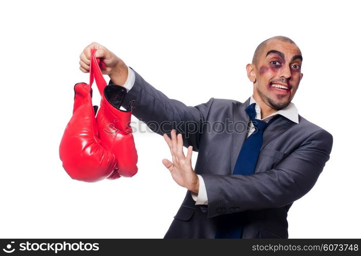 Badly beaten businessman with boxing gloves