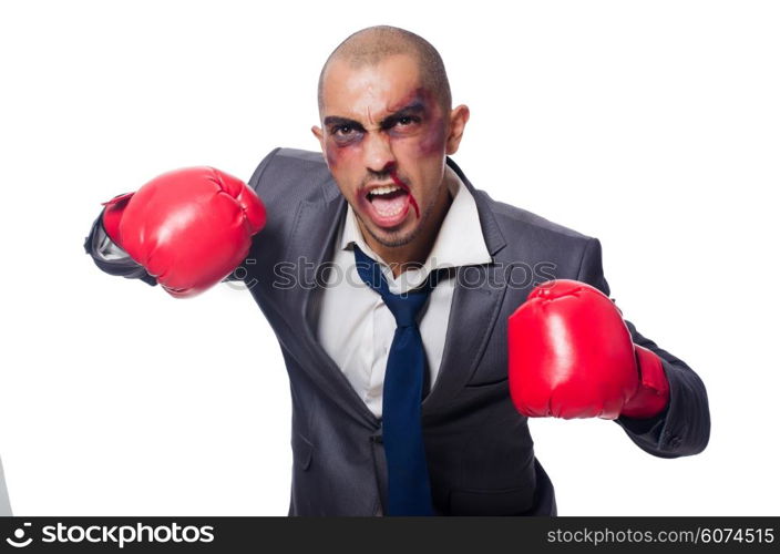 Badly beaten businessman with boxing gloves