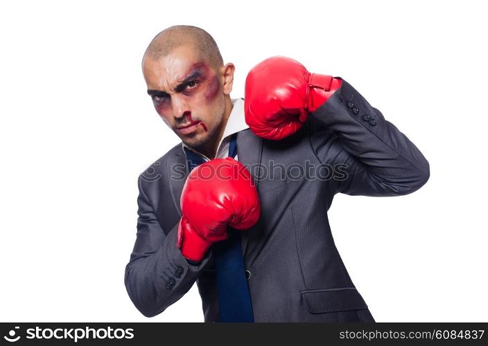 Badly beaten businessman with boxing gloves