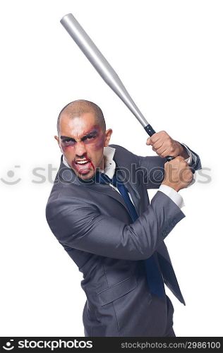 Badly bruised businessman with bat on white