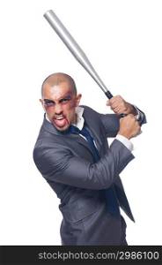 Badly bruised businessman with bat on white