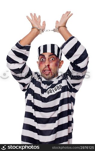 Badly bruised prisoner with handcuffs