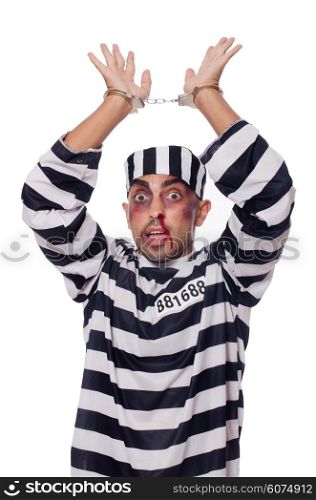 Badly bruised prisoner with handcuffs