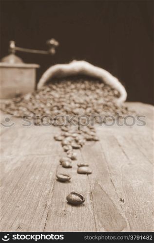 Bag of coffee beans on the table.