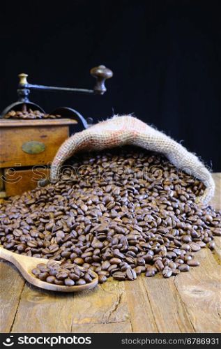 Bag of coffee beans on the table.