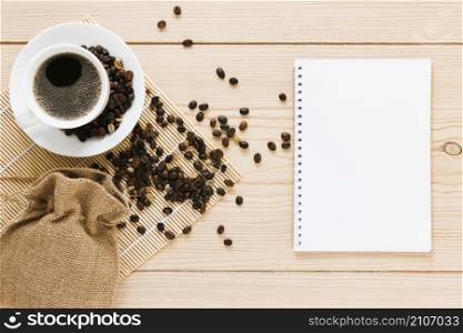 bag with coffee beans notebook mock up
