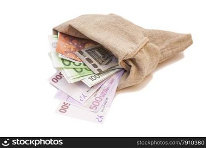 Bag with euro banknotes isolated on white background