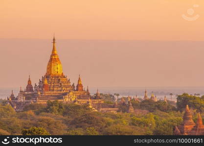 Bagan city downtown skyline cityscape of Myanmar at sunset