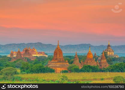 Bagan city downtown skyline cityscape of Myanmar at sunset