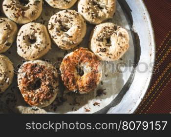 Bagels in vintage baking tray