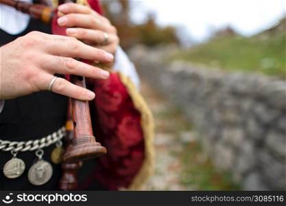 Bagpiper player of the Bergamo valleys of northern Italy.