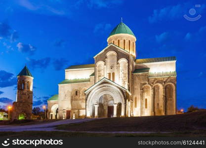 Bagrati Cathedral (or The Cathedral of the Dormition) at night in Kutaisi, the Imereti region of Georgia.