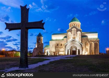 Bagrati Cathedral (or The Cathedral of the Dormition) at night in Kutaisi, the Imereti region of Georgia.