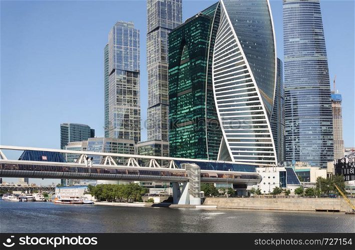 Bagration Bridge across the Moskva River (Moscow River) near the Moscow International Business Center (Moscow-City), Russia