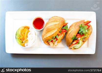 baguette sandwich with pork and vegetable