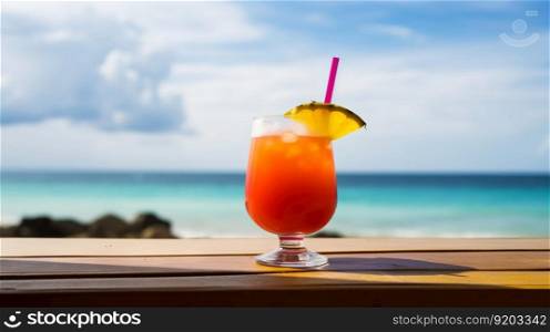 Bahama Mama cocktail on background with blue sea and sky tropical background. Generative AI.. Bahama Mama cocktail on background with blue sea and sky tropical background. Generative AI