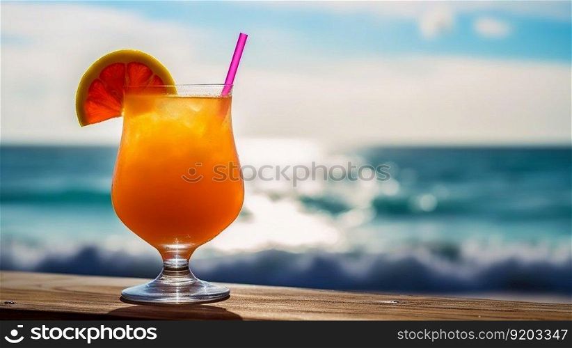 Bahama Mama cocktail on background with blue sea and sky tropical background. Generative AI.. Bahama Mama cocktail on background with blue sea and sky tropical background. Generative AI
