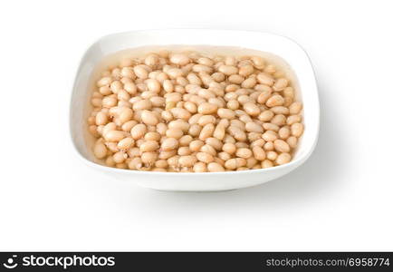 Baked Beans in a white bowl, front to back focus, clipping path.. Baked Beans in a white bowl