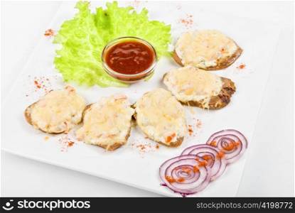 Baked beef tongue with cheese and vegetable on white background