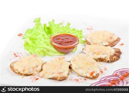 Baked beef tongue with cheese and vegetable with Salad Leaf and sauce isolated on white background