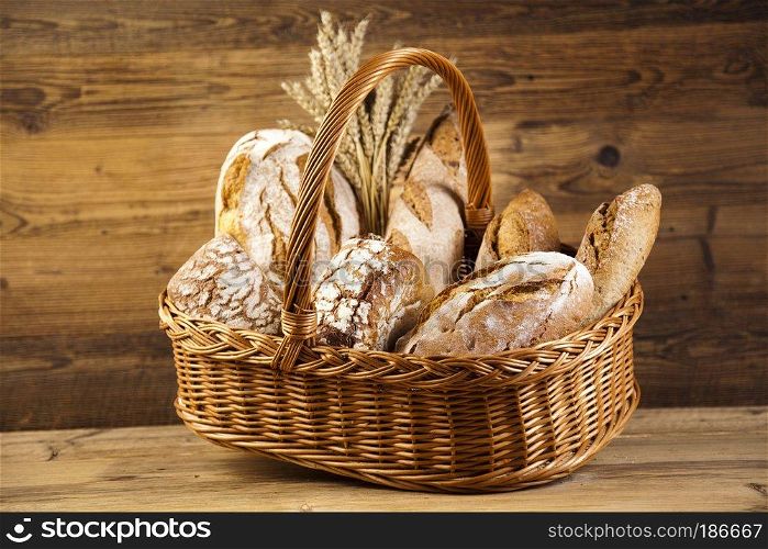 Baked bread in basket, natural colorful tone