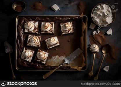 baked brownies with meringue on baking tray, created with generative ai. baked brownies with meringue on baking tray