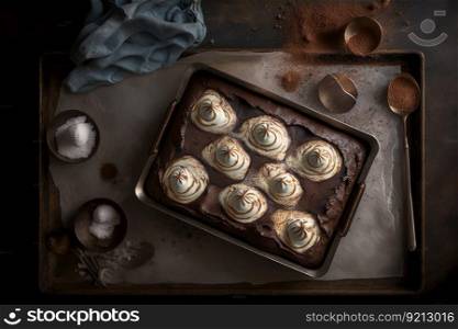 baked brownies with meringue on baking tray, created with generative ai. baked brownies with meringue on baking tray
